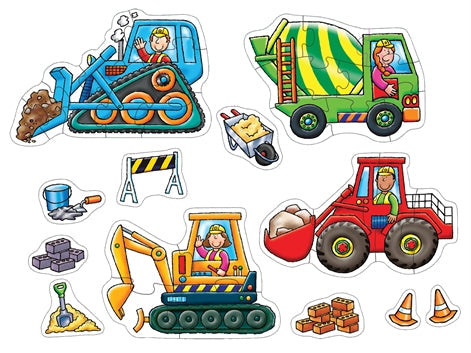 Colorful cartoon puzzle featuring a blue bulldozer, green cement mixer, red front loader, and yellow excavator.