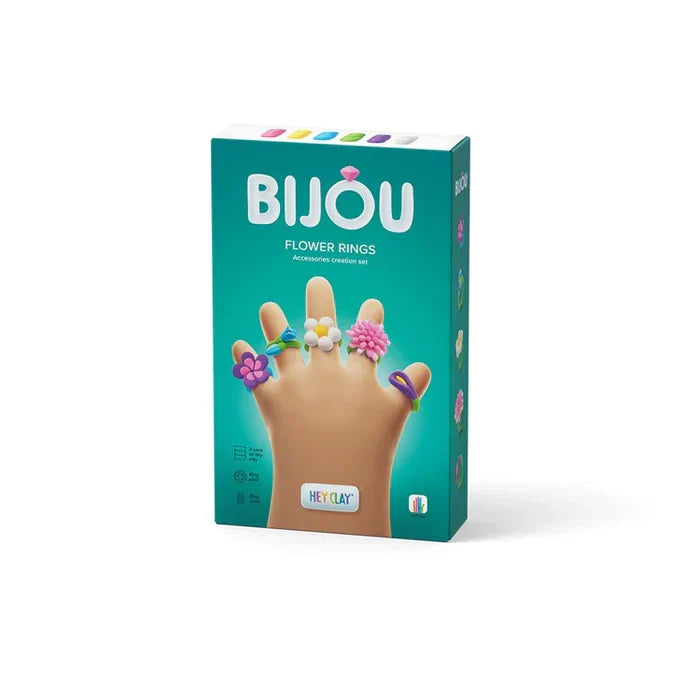 Teal box for Bijou Flower Rings featuring a hand wearing five colorful, sculpted clay rings in floral designs.