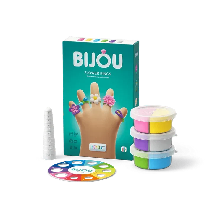 Teal flower ring clay kit box with 3 tubs of colorful clay, a white ring sizer, and a circular measurement card.