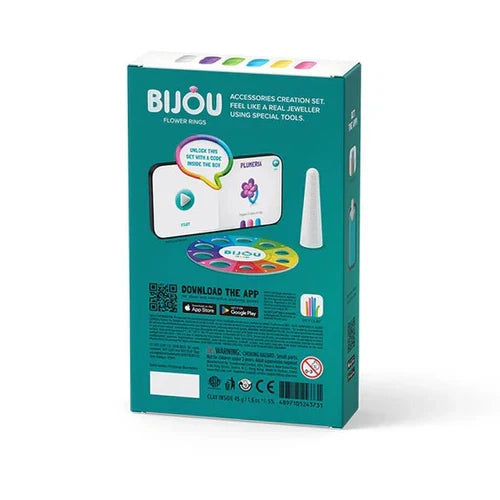 Back of teal jewelry kit box showing a white ring cone, color wheel, and app interface for creating flower rings.