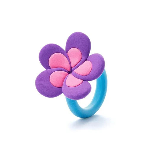 Toy ring with a blue band and a five-petal purple flower featuring pink inner layers.