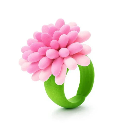 Bright green toy ring featuring a large pink blossom with many rounded, soft-textured petals.