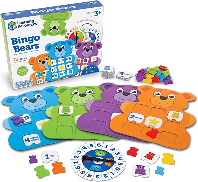 Bingo Bears game featuring 4 colorful bear-shaped boards, plastic bear figurines, a spinner, and game cards.
