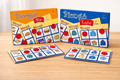 Orange and blue Biongó bingo boxes with illustrated food and clothing cards and red circular markers.