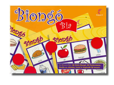 Biongó Bia game box with yellow cards showing food like an apple and burger, plus red circular markers.