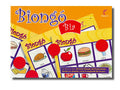Biongó Bia game box with yellow cards showing food like an apple and burger, plus red circular markers.