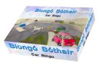 Game box with watercolor road illustration of a red car and white horse. Text reads Biongó Bóthair, Car Bingo.