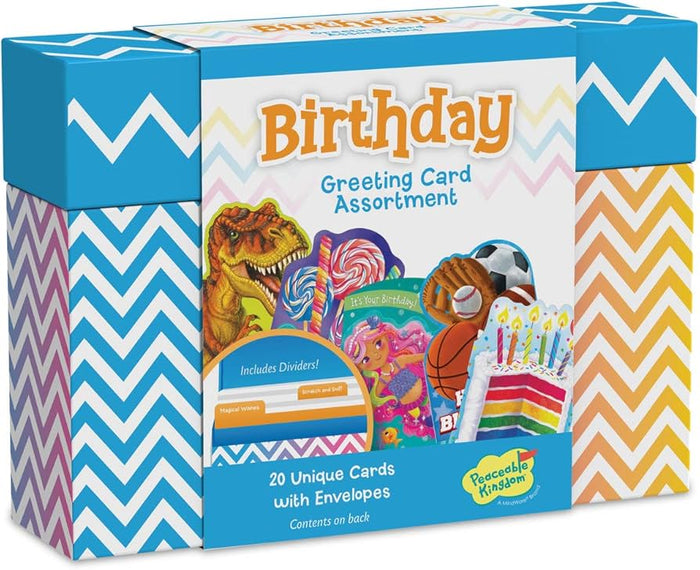 Blue chevron-patterned box for 20 birthday cards featuring a T-Rex, mermaid, sports gear, and rainbow cake slice.