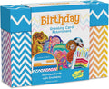 Blue chevron-patterned box for 20 birthday cards featuring a T-Rex, mermaid, sports gear, and rainbow cake slice.