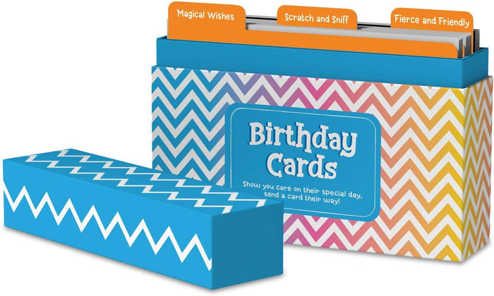 Blue and orange chevron box labeled Birthday Cards with themed divider tabs like Scratch and Sniff and Magical Wishes.