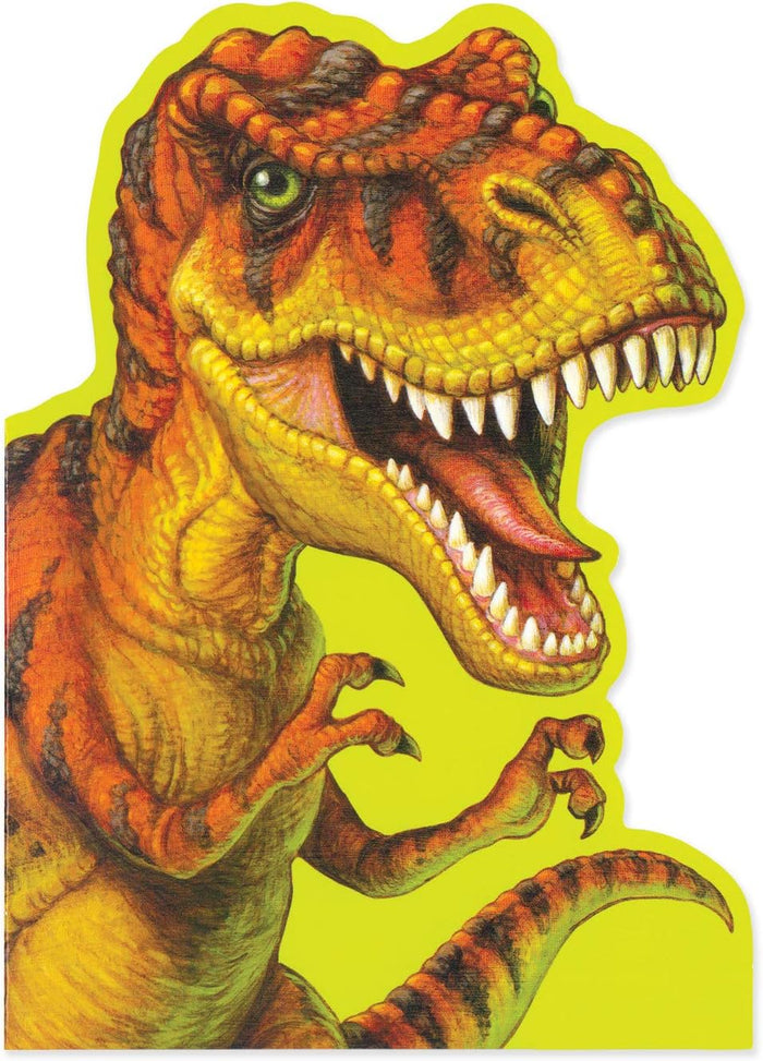 Die-cut card illustration of a roaring orange T-Rex with sharp teeth and green eyes on a lime green background.