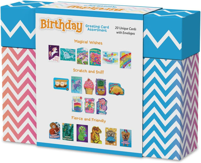 Assorted birthday cards in a chevron-patterned box featuring unicorn, scratch and sniff food, and animal illustrations.