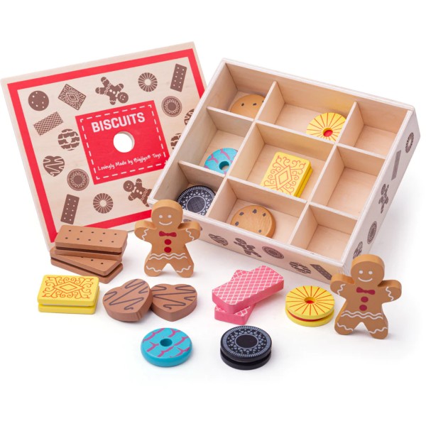 Colorful wooden toy biscuits including gingerbread men and wafers, displayed in and around a divided wooden box.