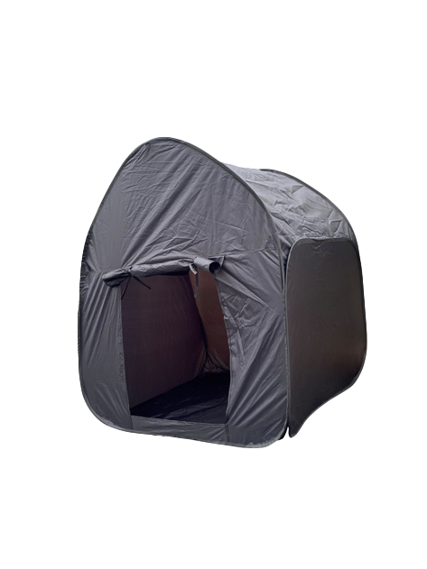Dark gray pop-up tent with a curved roof and an open rectangular entrance against a white background.