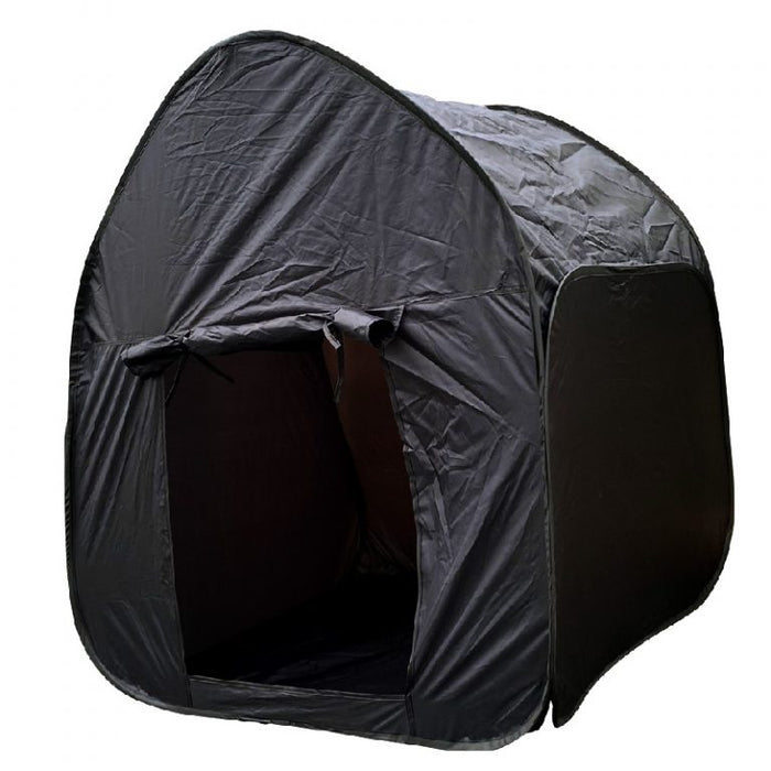 Black pop-up tent with a rounded roof and rectangular front opening.