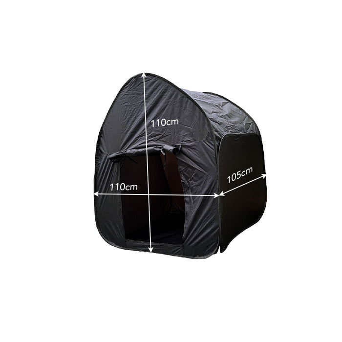 Black arched pop-up sensory tent with dimensions 110cm high, 110cm wide, and 105cm deep marked in white.