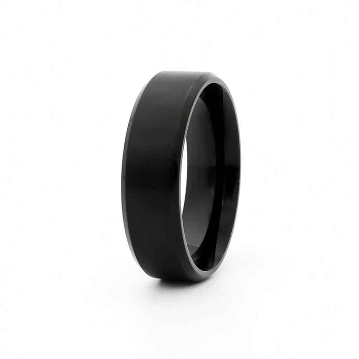 Black titanium ion-plated stainless steel 8mm wide beveled edge band ring from Glitters, showcasing sleek, polished design.