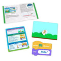 Scratch coding kit with a guide, task card, green landscape board, and large orange and purple tactile coding blocks.