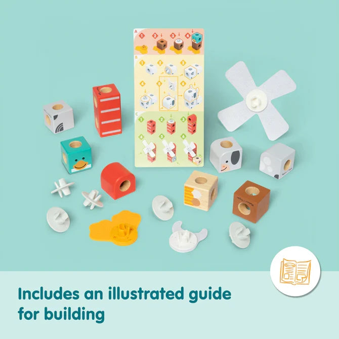 Colorful wooden blocks, animal face cubes, and windmill pieces surrounding a building guide on a light blue background.