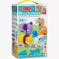 Teal box featuring colorful wooden blocks that snap together to form safari animals like a purple elephant and giraffe.