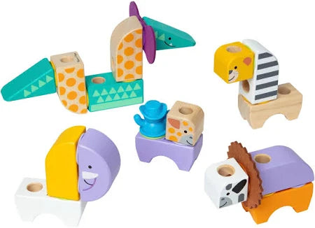 Five colorful wooden safari animals made of modular blocks with patterns like giraffe spots and zebra stripes.
