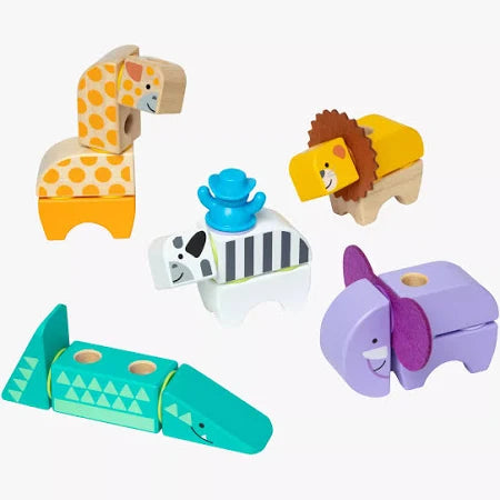 Five colorful wooden toy animals made of chunky blocks: a spotted giraffe, lion, zebra, elephant, and alligator.