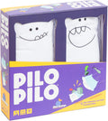 Purple Pilo Pilo game box featuring two white plush monster pillows visible through windows and cartoon pillow knights.