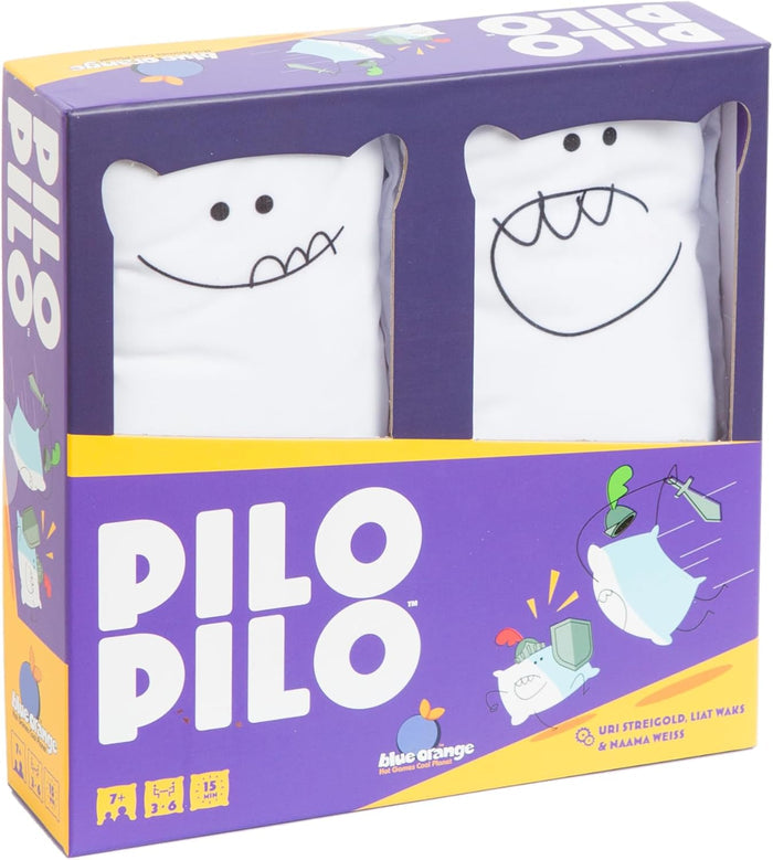 Purple Pilo Pilo game box featuring two white plush monster pillows visible through windows and cartoon pillow knights.