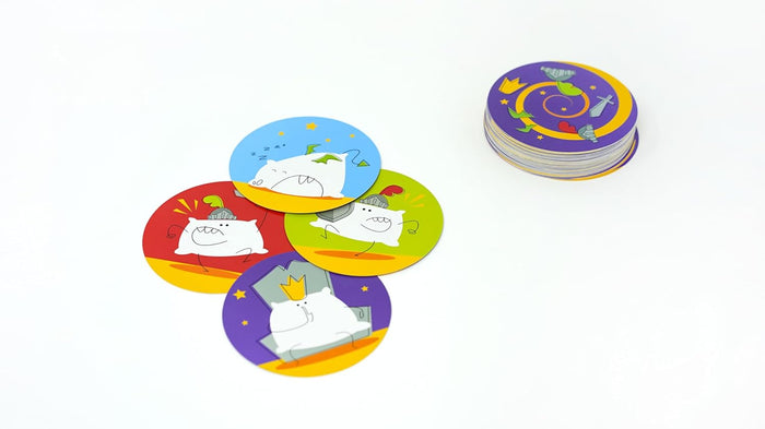 Round colorful cards featuring pillow characters fanned out next to a stack of cards on a white background.