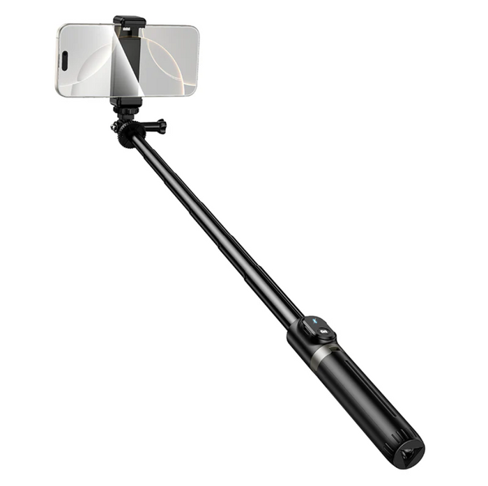 Techplus Bluetooth selfie stick tripod, 95cm with remote, shown in use holding a smartphone for selfies and group photos.