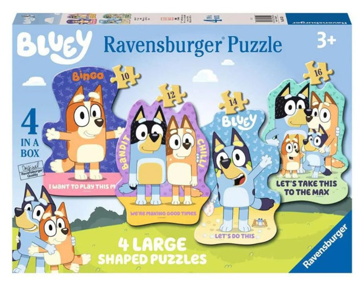 Ravensburger Bluey box set showing four colorful shaped puzzles of characters Bingo, Bluey, Bandit, and Chilli.
