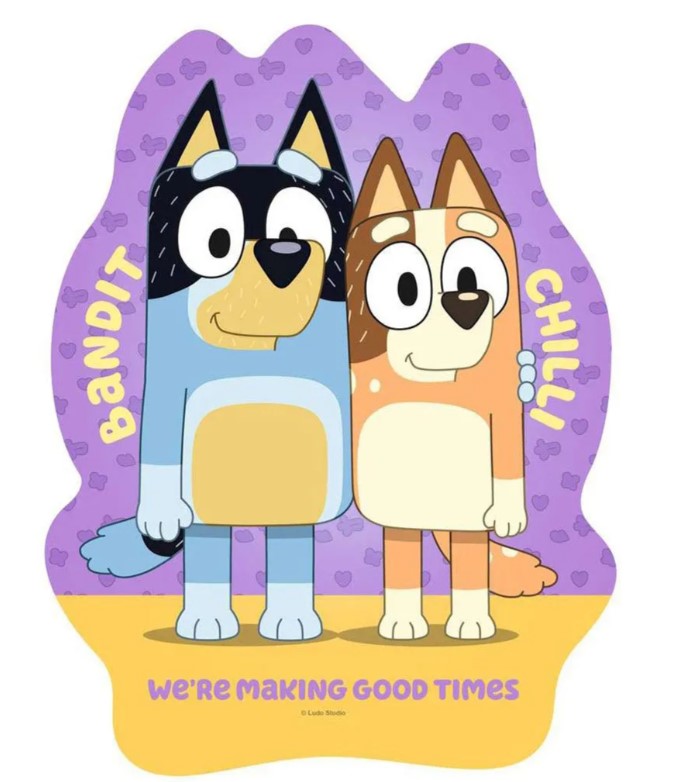 Shaped puzzle image of Bandit and Chilli from Bluey on a purple heart-patterned background with yellow ground.