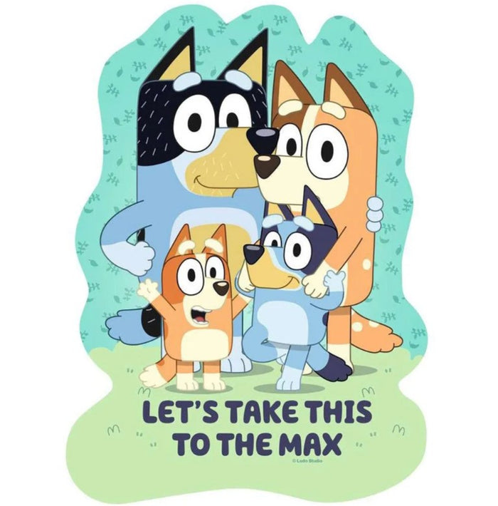 Shaped puzzle of Bluey and her family with the text Let's Take This to the Max on a light green background.