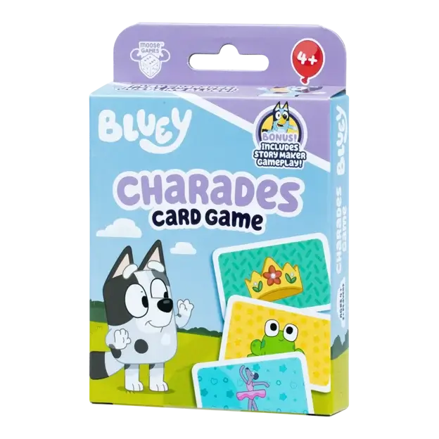 Bluey Charades Card Game box in light blue and purple with Muffin and cards showing a crown, frog, and ballerina.