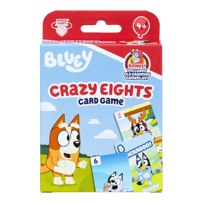 Bluey Crazy Eights game box in light blue featuring Bingo and illustrated cards. Red top tab with age 4 plus badge.