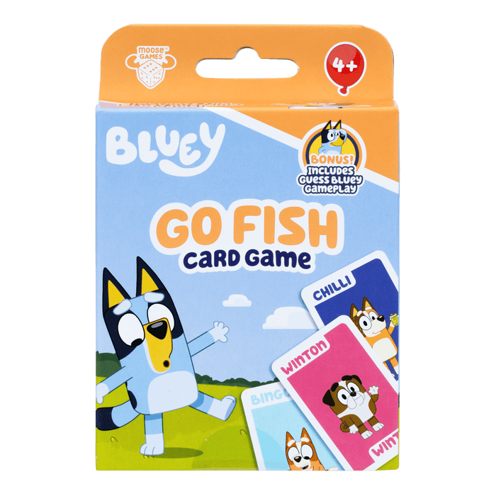 Bluey Go Fish card game in an orange and blue box featuring Bluey and character cards for Chilli and Winton.