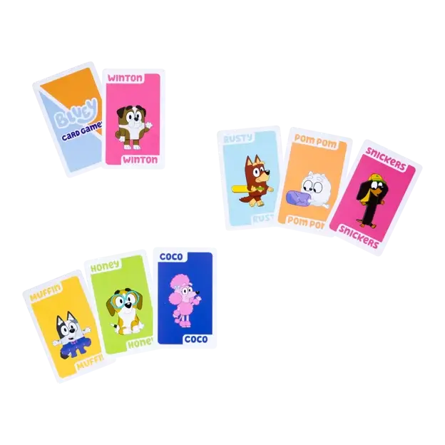 Vibrant Bluey card game cards featuring characters like Muffin, Coco, and Rusty on colorful, labeled backgrounds.
