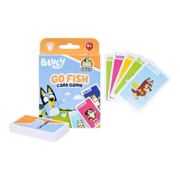 Bluey Go Fish card game box with Bluey character, fanned colorful character cards, and a stack of logo-backed cards.