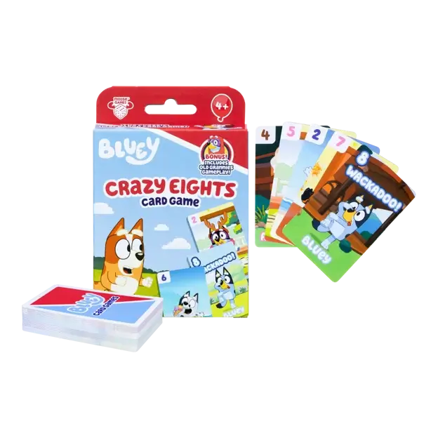 Bluey Crazy Eights box with Bingo, colorful numbered character cards, and a card deck on a white background.