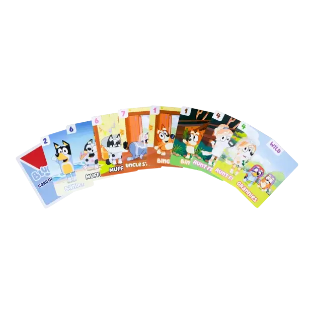 A fan of colorful Bluey playing cards showing characters, names, and numbers from the show on a white background.