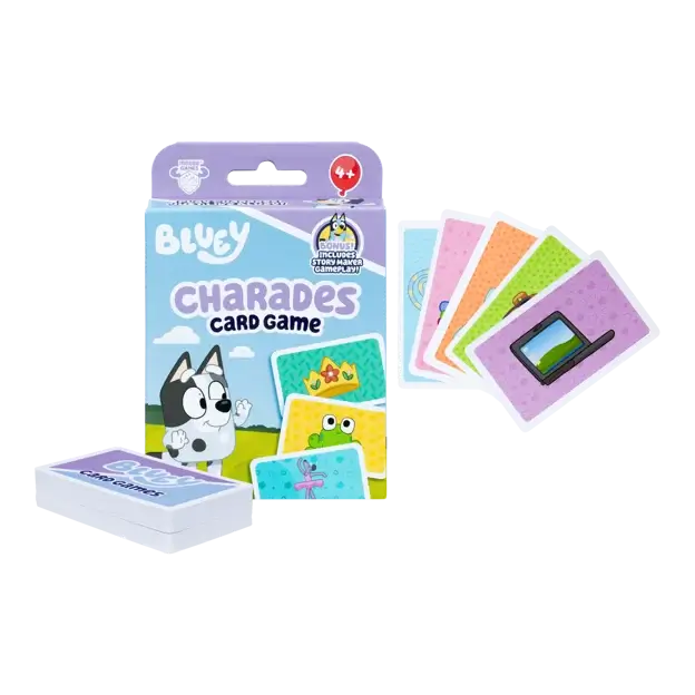 Bluey Charades Card Game blue box with Muffin, a deck of cards, and fanned cards showing a crown, frog, and laptop.