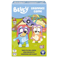 Bluey Grannies Game box featuring Bluey and Bingo flossing in granny costumes and shawls in a backyard sandbox.