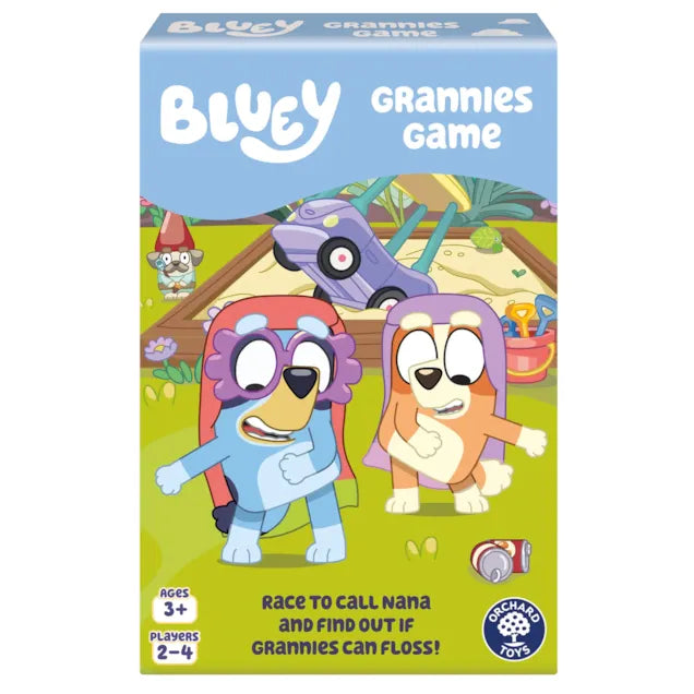 Bluey Grannies Game box featuring Bluey and Bingo flossing in granny costumes and shawls in a backyard sandbox.