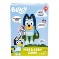 Talking Bluey figure in blue packaging with character illustrations, speech bubbles, and Hide & Seek Game text.