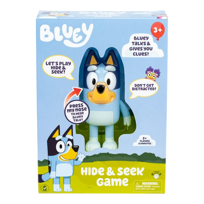 Talking Bluey figure in blue packaging with character illustrations, speech bubbles, and Hide & Seek Game text.