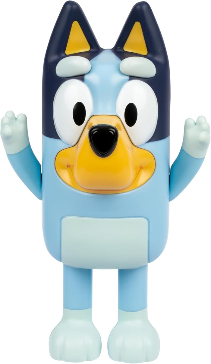 Light blue plastic dog figure with arms raised, featuring dark blue eye patches, a yellow muzzle, and large white eyes.