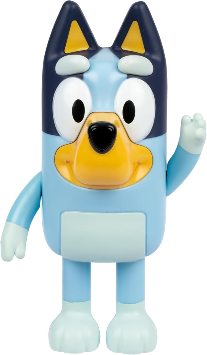 Bluey toy figure with light blue body, dark blue mask, yellow snout, and hand raised in a waving gesture.