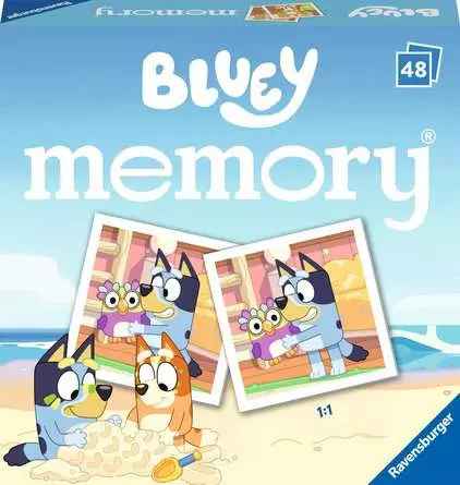 Blue box featuring Bluey and Bingo on a beach, showing two matching memory cards and a 48-card icon.