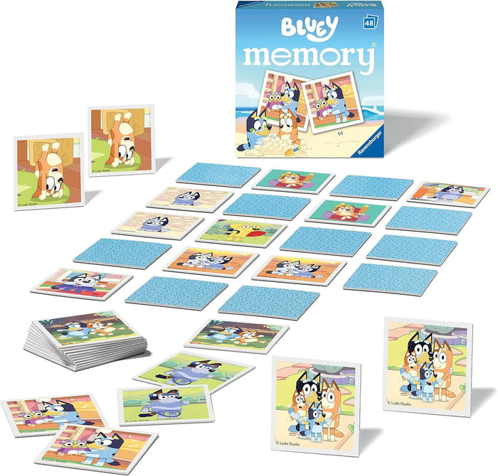 Bluey memory game box and square cards with character art and patterned backs spread on a white surface.