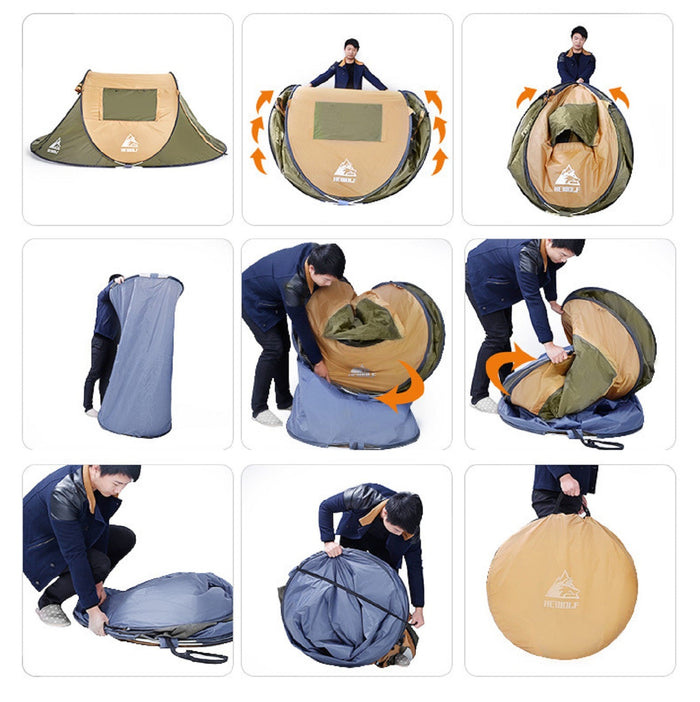 Green boat-shaped pop-up camping tent by ECOTREK, large size 260cm long, 150cm wide, 105cm high, set up outdoors.